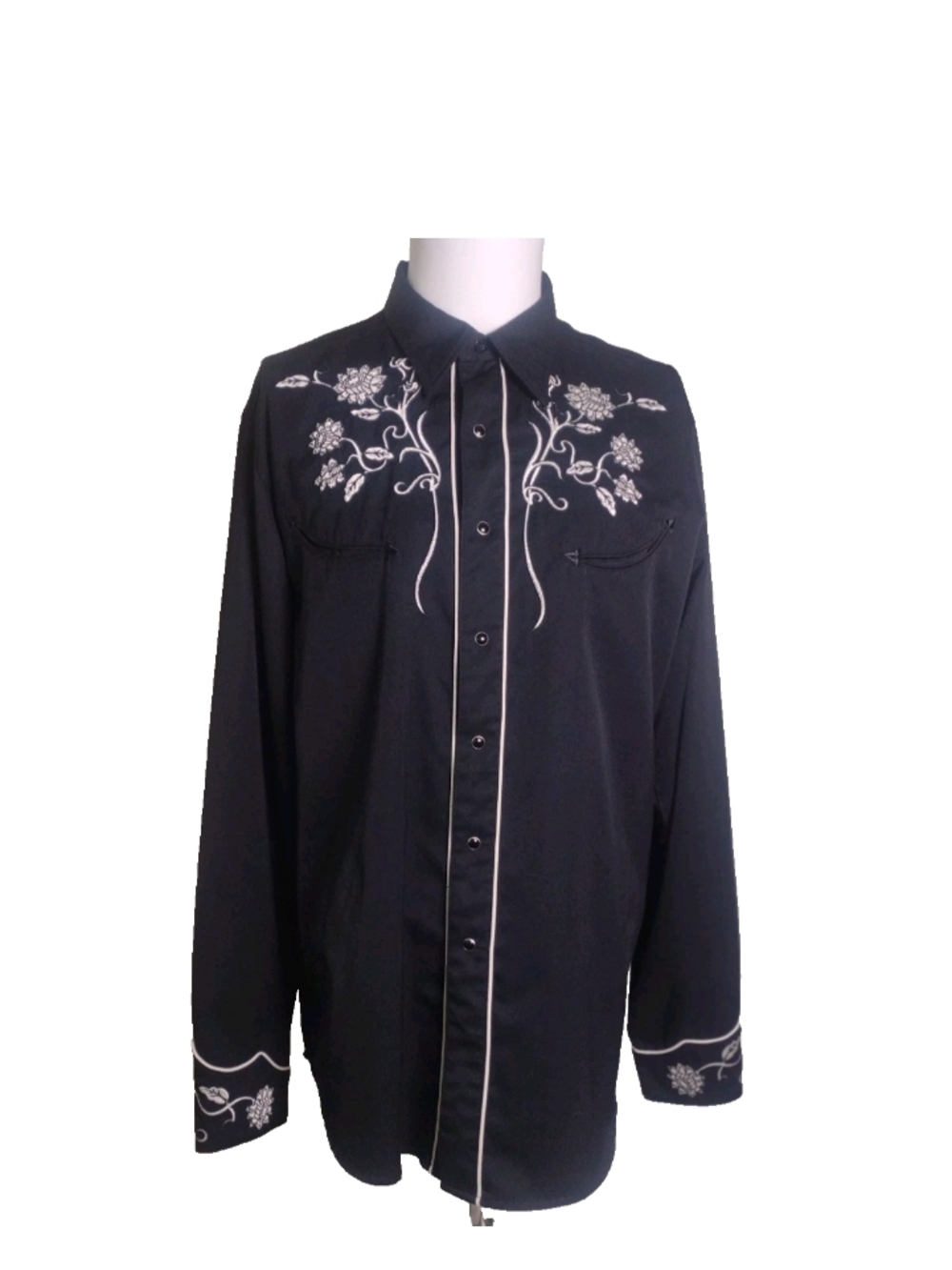 Roper Mens Large Black Western  Embroidered Button-Down Pearl Snaps White Trim